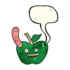 cartoon apple with worm with speech bubble