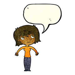 cartoon woman shrugging with speech bubble