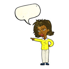 cartoon woman pointing with speech bubble