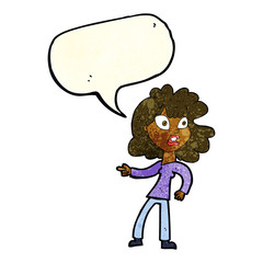 cartoon worried woman pointing with speech bubble