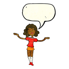 cartoon woman taking praise with speech bubble
