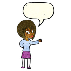 cartoon woman making welcome gesture with speech bubble