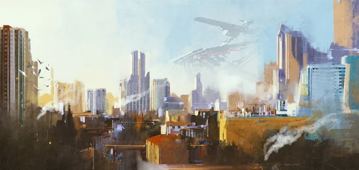  landscape digital painting of futuristic sci-fi city with skyscraper,illustration © grandfailure