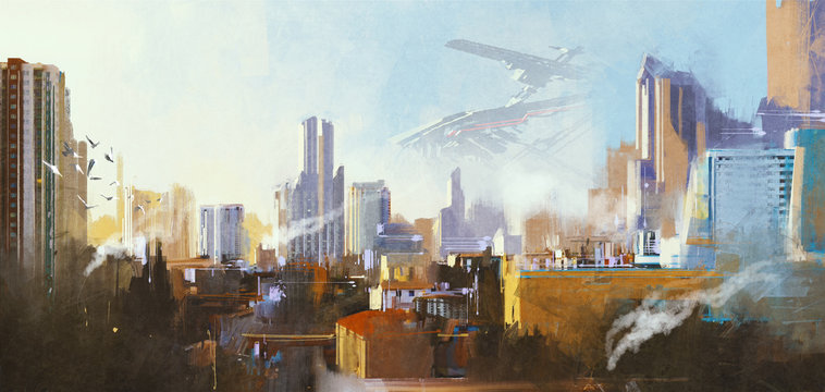 landscape digital painting of futuristic sci-fi city with skyscraper,illustration