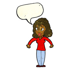 cartoon woman shrugging shoulders with speech bubble