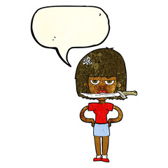 cartoon woman with knife between teeth with speech bubble
