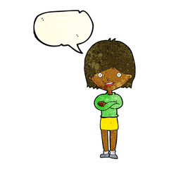 cartoon happy woman with speech bubble