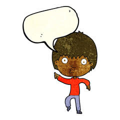 cartoon impressed boy pointing with speech bubble