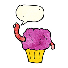 cartoon worm in cupcake with speech bubble