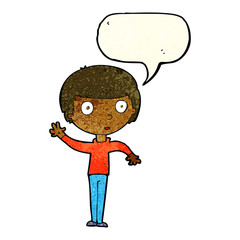 cartoon waving boy with speech bubble