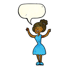 cartoon woman with raised arms with speech bubble