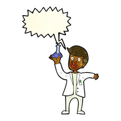 cartoon happy scientist with speech bubble