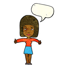 cartoon woman giving thumbs up symbol with speech bubble