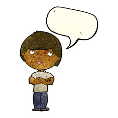 cartoon happy man with folded arm with speech bubble