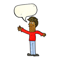 cartoon happy man waving with speech bubble