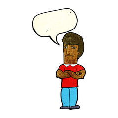 cartoon annoyed man with folded arms with speech bubble