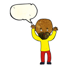 cartoon bearded man panicking with speech bubble