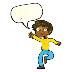 cartoon excited boy dancing with speech bubble