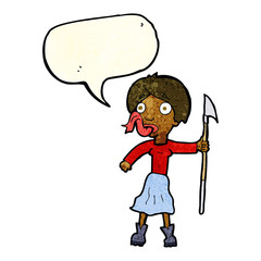 cartoon woman with spear sticking out tongue with speech bubble
