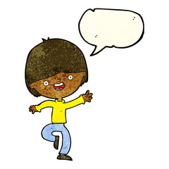 cartoon happy boy dancing with speech bubble