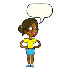 cartoon woman with hands on hips with speech bubble