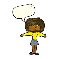 cartoon woman shrugging shoulders with speech bubble