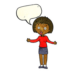 cartoon woman making excuses with speech bubble