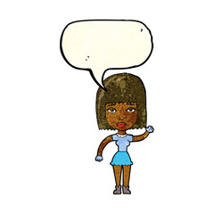 cartoon waving woman with speech bubble