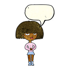 cartoon sly woman with speech bubble