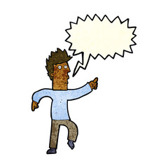 cartoon worried man pointing with speech bubble