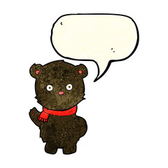 cartoon waving black bear cub with speech bubble