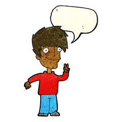 cartoon man giving peace sign with speech bubble