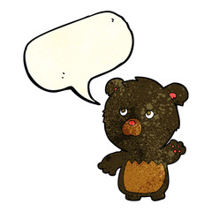 cartoon black teddy bear with speech bubble