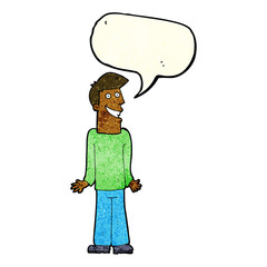 cartoon man shrugging shoulders with speech bubble