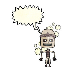 funny cartoon old robot with speech bubble