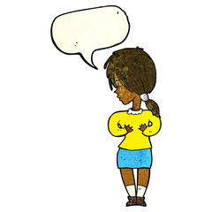 cartoon shy woman with speech bubble