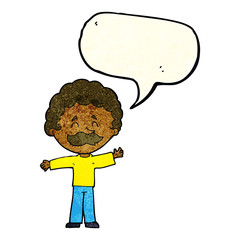 cartoon boy with mustache with speech bubble