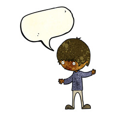 cartoon boy with outstretched arms with speech bubble