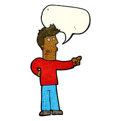 cartoon curious man pointing with speech bubble