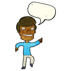 cartoon happy man pointing with speech bubble