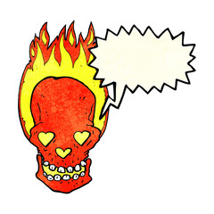 cartoon flaming skull with love heart eyes with speech bubble
