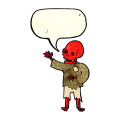 cartoon skeleton waving with speech bubble