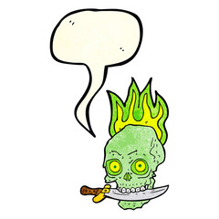 cartoon pirate skull with knife in teeth with speech bubble