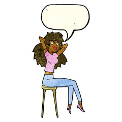 cartoon woman posing on stool with speech bubble