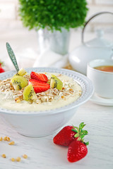 Healthy breakfast with homemade oatmeal, close up