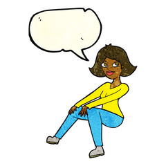 cartoon happy woman sitting with speech bubble