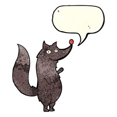 cartoon waving wolf with speech bubble
