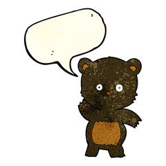cartoon waving black bear with speech bubble
