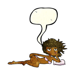 cartoon woman posing in underwear with speech bubble