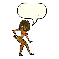 cartoon woman in bikini with speech bubble